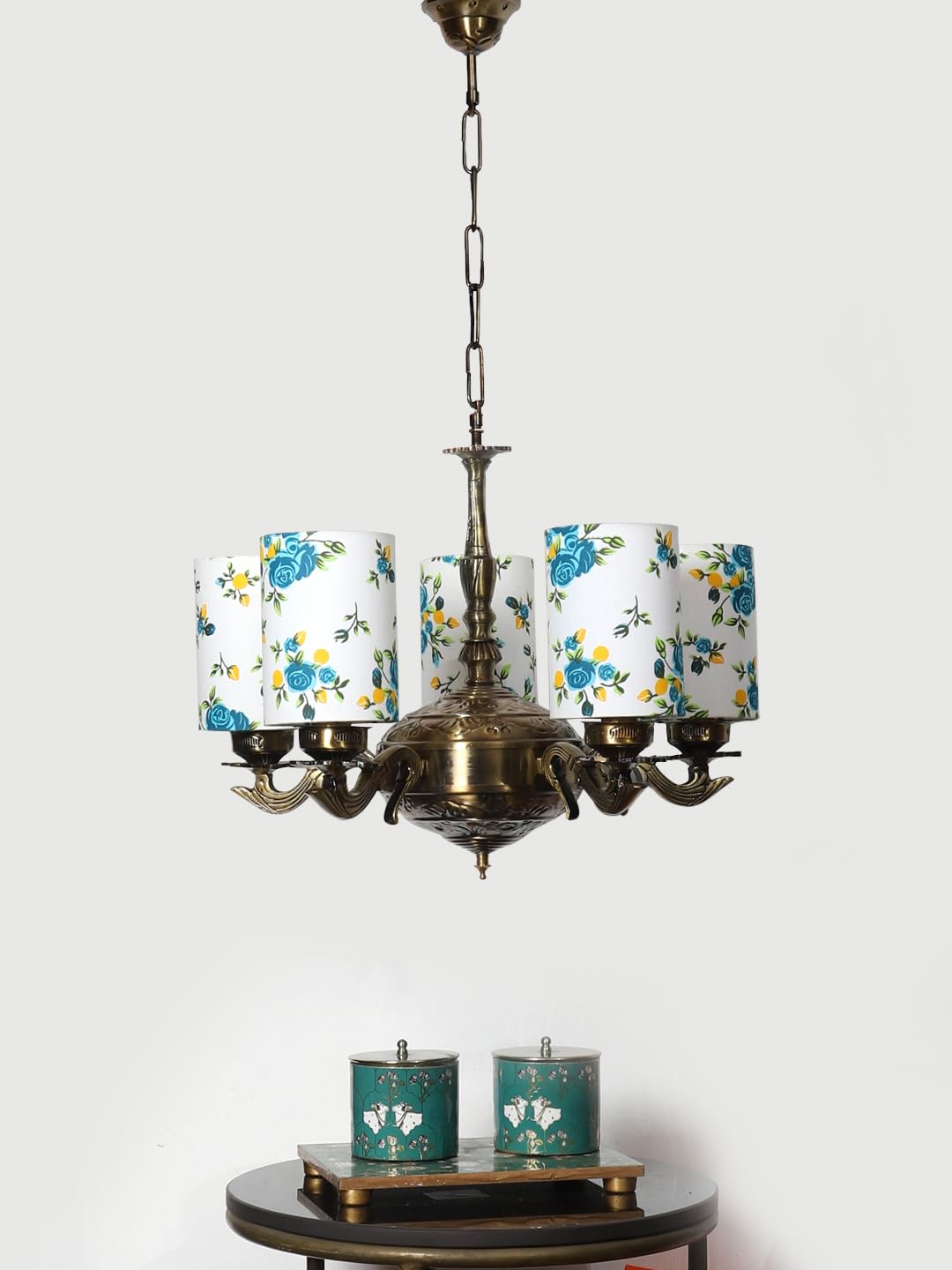 Devansh 05 Lights Printed Round Cotton Shade with Antique Golden Chandelier -E-image-8