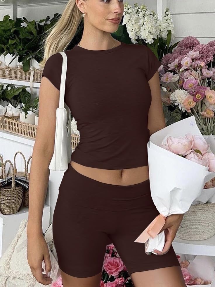 Image of AYWA Women's Two Piece Sets Summer Slim Fitted Short Sleeve Tops Foldover Shorts Matching Lounge Sets
