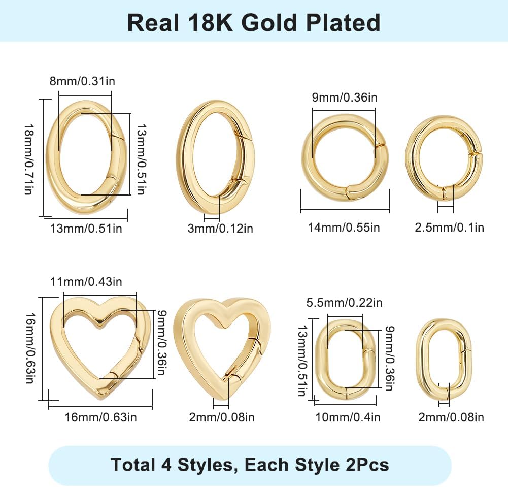 SUNNYCLUE 8Pcs 4 Styles Real 18K Gold Plated Spring O Rings Jewelry Oval Clasp Heart Round Brass Gate Ring Trigger Carabiner Clips Keyring Snap Hook Buckle for Purse Jewelry Bags Lanyard DIY Crafts - Image 2