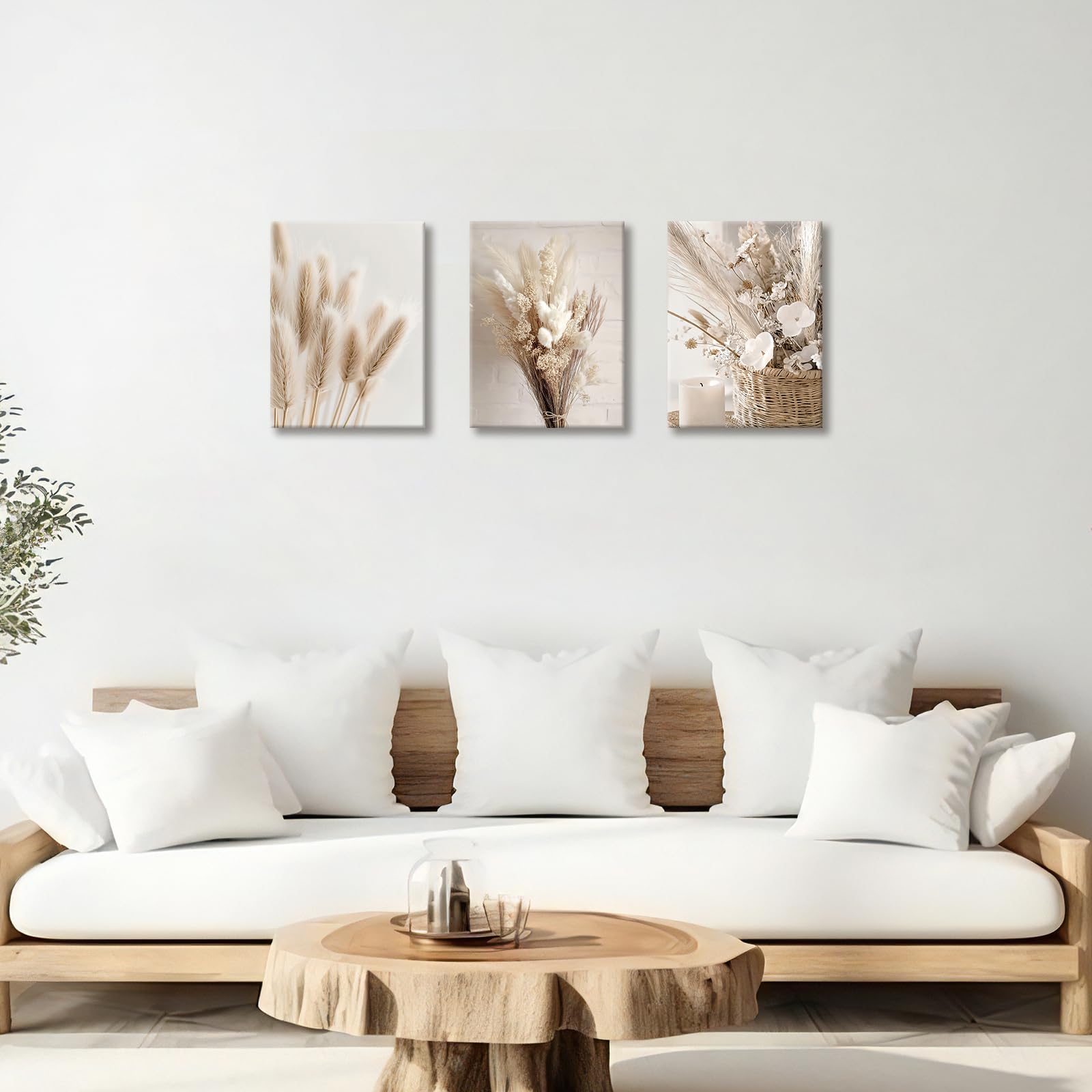 3 Pcs Wooden Framed Canvas Wall Art Canvas Prints Boho Beige Pampas Grass Painting Nordic Flower Sage Dried Grass Plants Pictures for Living Room Bedroom Bathroom Hallway Wall Decor 30x40 cm x3pcs - Image 4