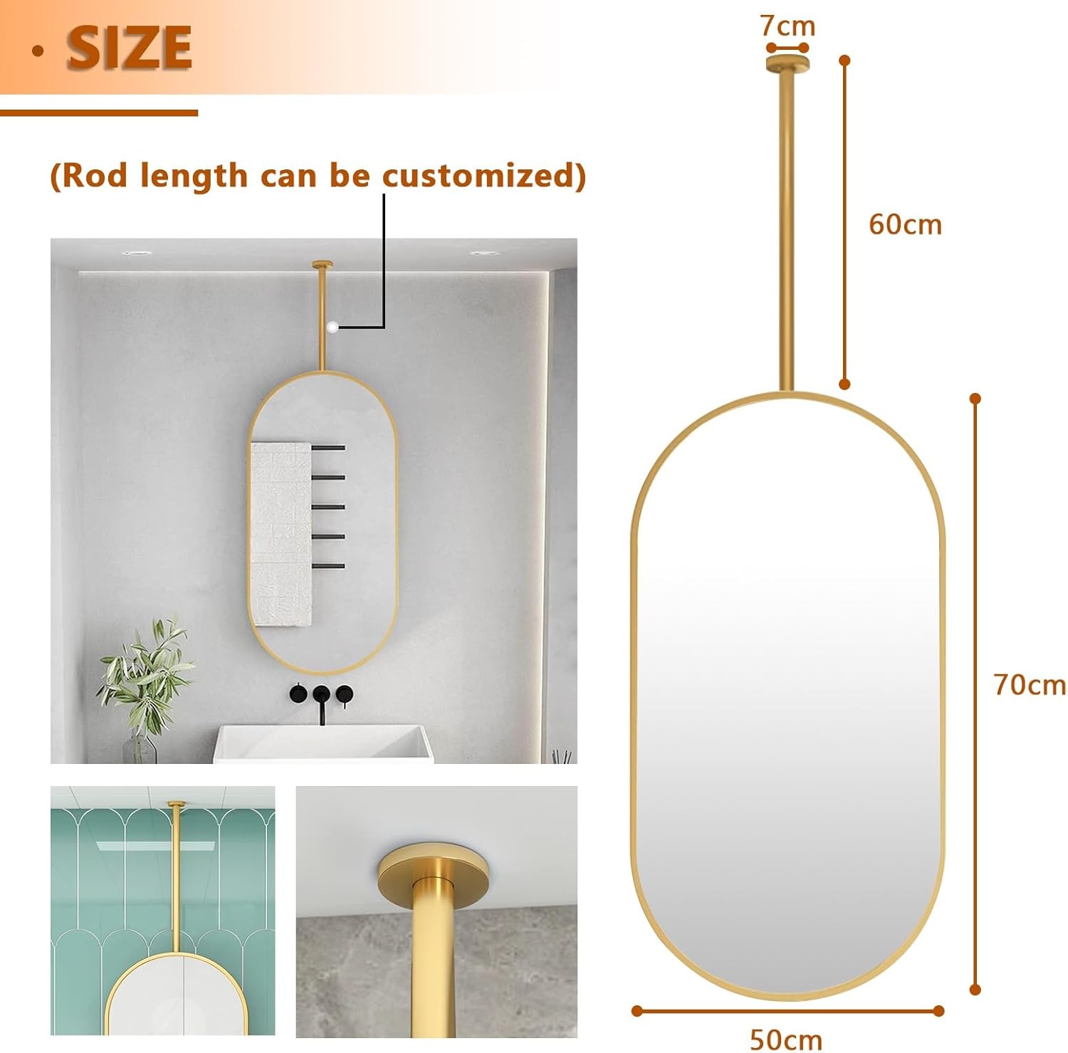 Gold Ceiling Mounted Mirror with Metal Hanging Rod, Bathroom Vanity Makeup Mirrors for Wall Mirror for Ceiling Hanging, Washroom Shaving Mirrors for Decorative (Size : 50cmx70cm)