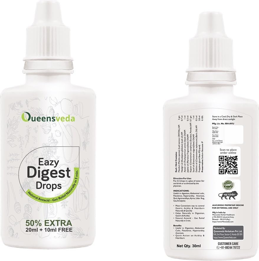 Queensveda Ayurveda Drop For Quick & Immediate Relief In Acidity, Heart Burn, Stomach Ache And Indigestion. | 30 ML