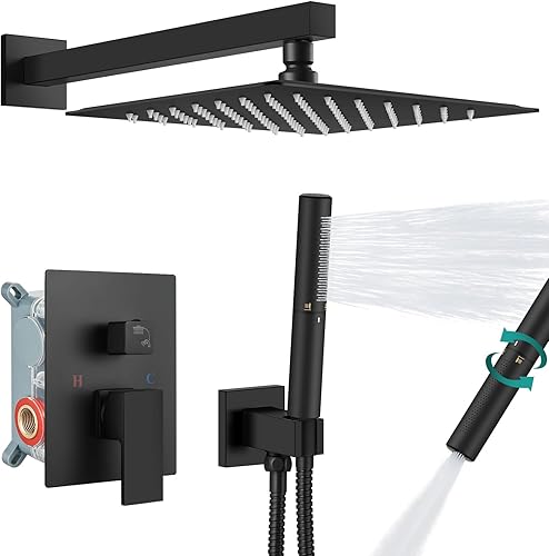 Aolemi Sistema de ducha negro mate de 12 pulgadas, montado en la pared, cuadrado de alta presión, cabezal de ducha de lluvia con grifo de ducha de