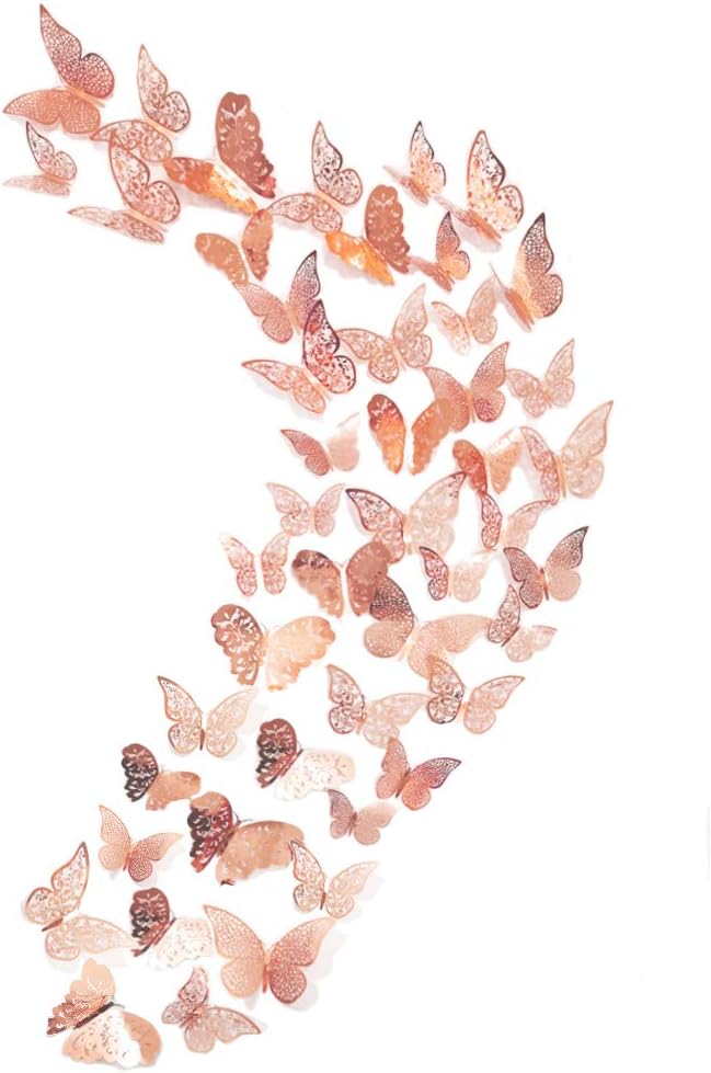 48Pcs Butterfly Decorations, Creatiee 3D Wall Decals|Metallic Art Sticker, DIY/Handmade/Removable/Pressure Resistance Paper Murals Gift for Home Kids Bedroom Nursey Party Décor (Rose Gold)