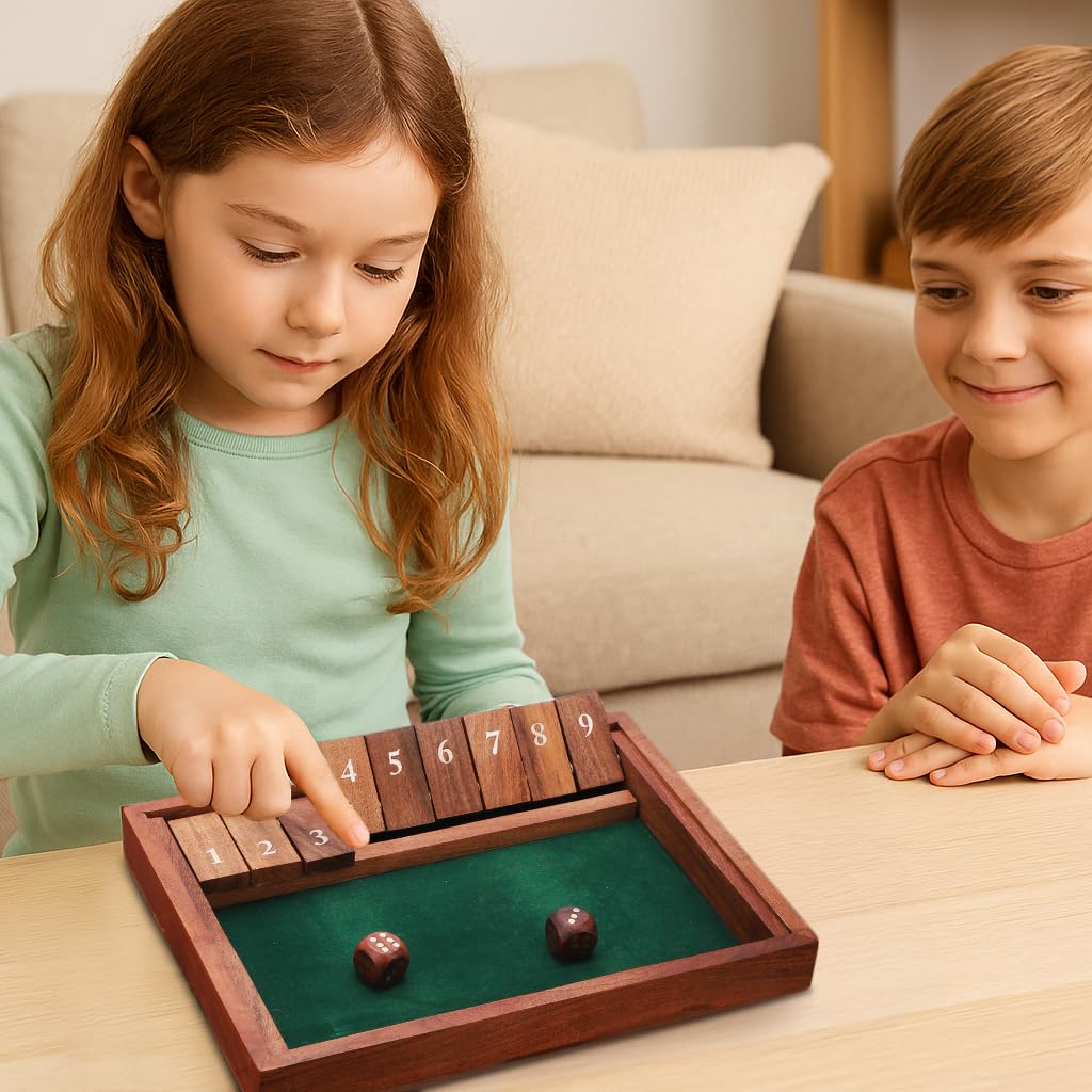 Ajuny Shut The Box Game (1-2 Players) Wooden Dice Math Game with 9 Flip Tiles | Educational Board Game for Kids & Adults | Tabletop Family Travel Fun - 11 Inch - Image 4