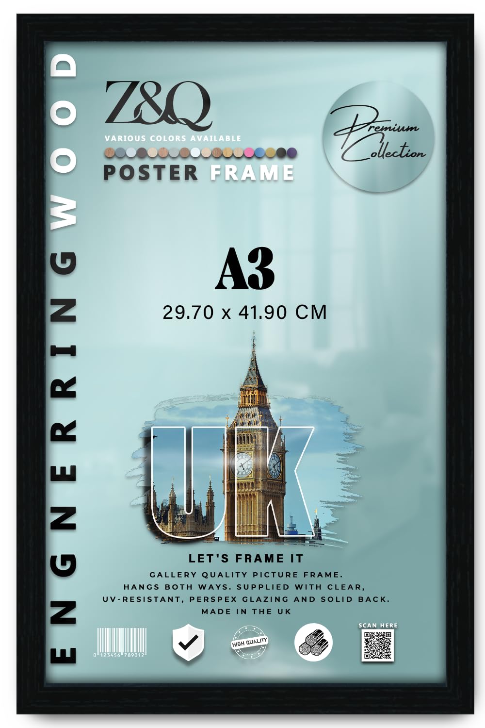 Z&Q Black | Wooden Mdf Wall Frame A3 (29.70 X 41.90 Cm) Premium Engineered Wood, Poster Holder 16" X 11" Stylish Look, 297 X 419 Mm [ ]