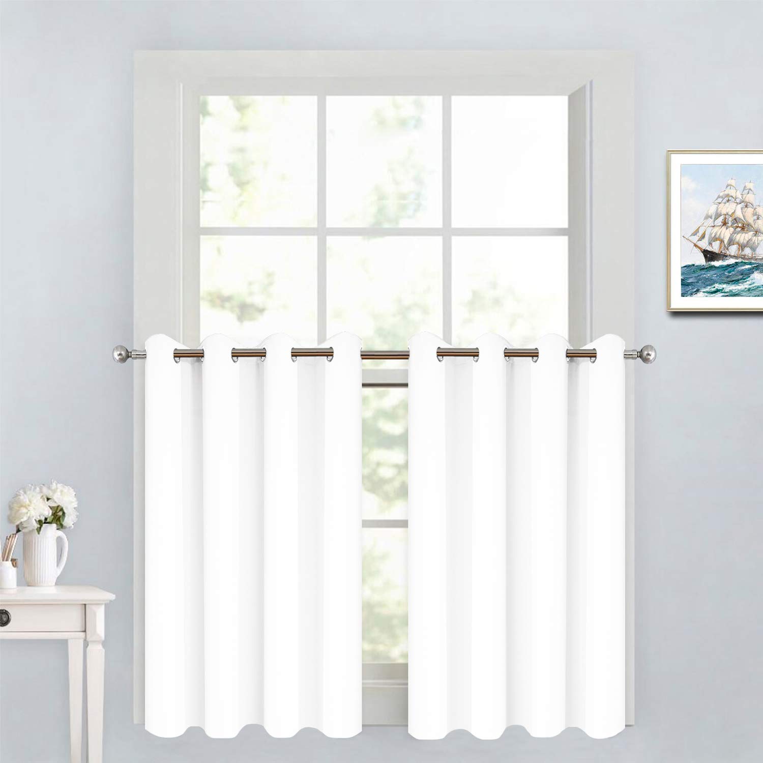 Yakamok Room Darkening Window Curtains for Kitchen, Thermal Insulated Grommet Window Drapes for Bedroom Basement, Pure White, 52W x36L, 2 Panels — image 1