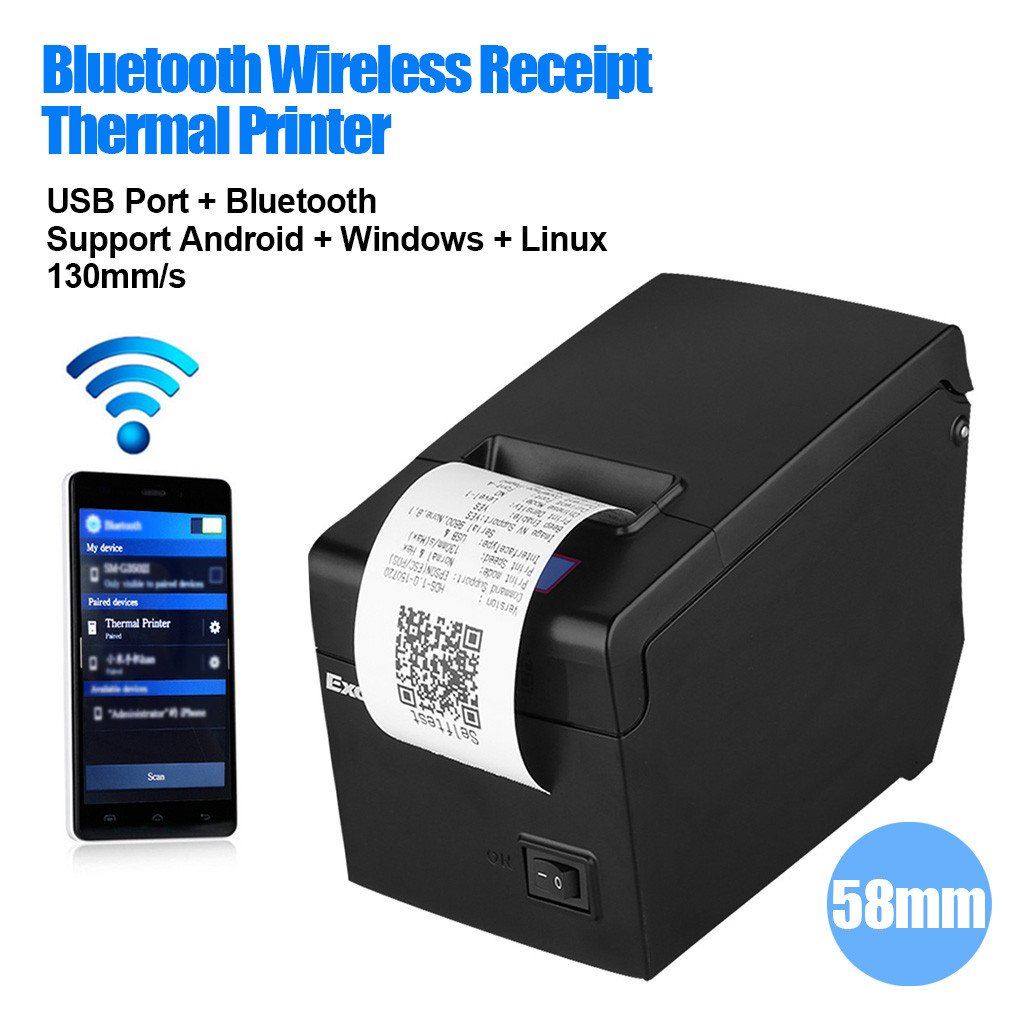 Excelvan E58 - Bluetooth Impresora Térmica de Recibos y Tickets (58mm, Android, iOS, Windows, Linux, 130mm/s, ESC/POS, USB), Negro
