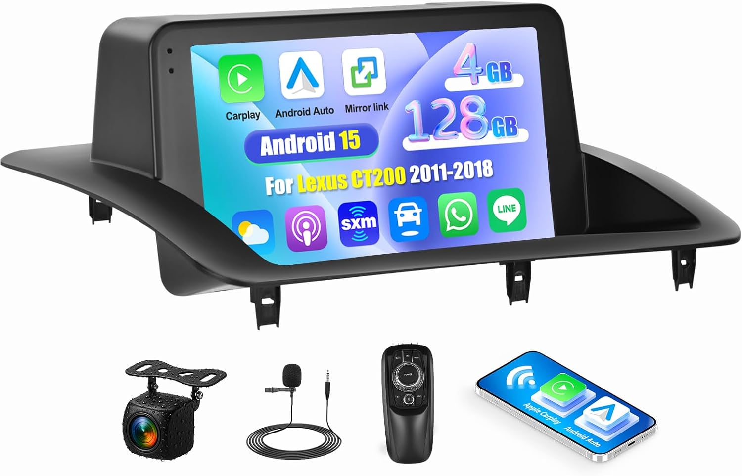 [4G+128G] for Lexus CT200 2011-2018 Android 15 Car Radio Wireless Carplay Android Auto 9 Inch Touch Screen Stereo Bluetooth FM/RDS/WiFi/GPS Navigation/SWC+AHD Backup Camera