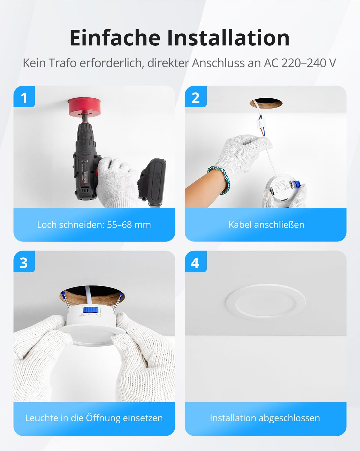 Gr4tec LED Einbaustrahler 55mm-68mm Lochmaß, 4W LED Spots 230V, 20er Set | Warmweiß Neutralweiß Kaltweiß Spots Deckenleuchte, 30mm Ultraflach, 320LM, IP44 Deckenspots Einbauspots für Badezimmer Küche