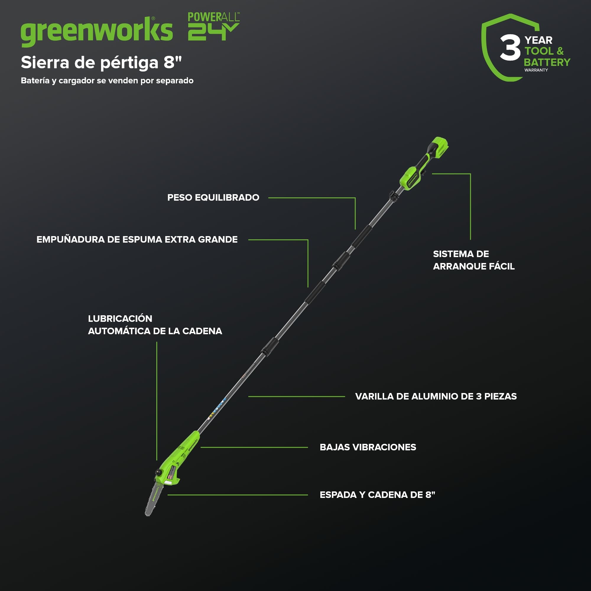 Greenworks Sierra de Pértiga Inalámbrica de 24V, Podadora de Pértiga de 2,68 m, Motosierra Eléctrica de 20 cm con Engrasador Automático, Velocidad de Cadena de 6,7 m/s (Solo Herramienta)