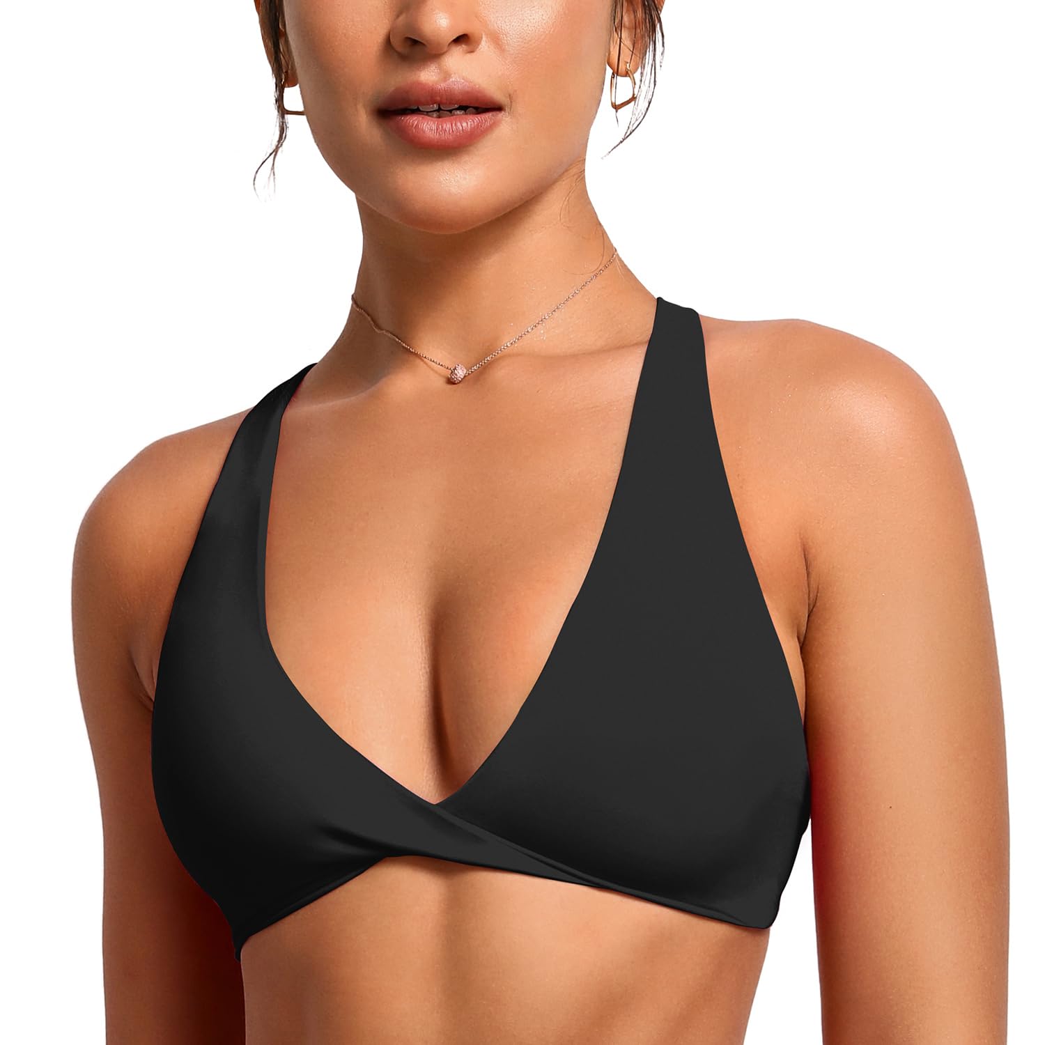 VANTONIA Womens Butterluxe Twist Front Sports Bra Deep V-Neck Crop Top Strappy Cross Back Bra with Nipple Covers-Vivi Bra