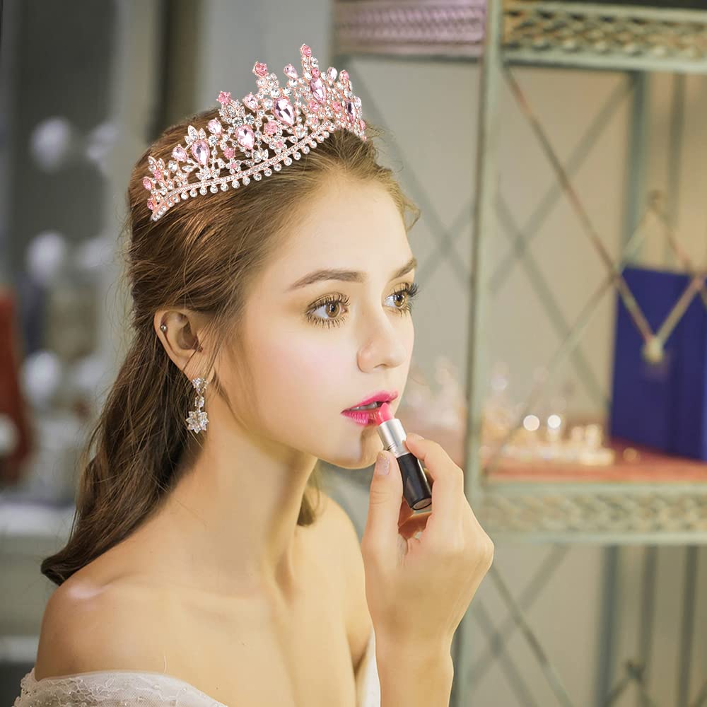 Pink Crystal Crown, Quinceanera Crown, Gold Wedding Tiara, Princess Tiara Pink Tiara Crown for Women, Wedding Tiara for Bride Queen  main image 3