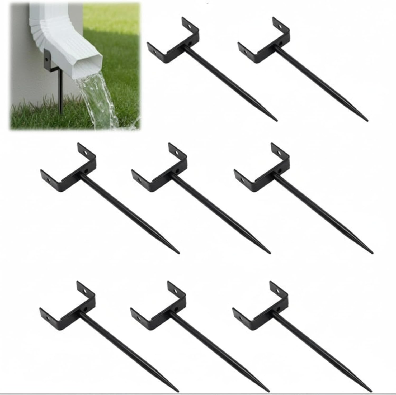 8 Pack Rainwater Downspout Bracket with Strap, Heavy Duty Adjustable Size Downpipe Bracket, Metal Gutter Downspout Holder Stake Stable Support, Easy Install, for Lawn Yard Industrial (Black)
