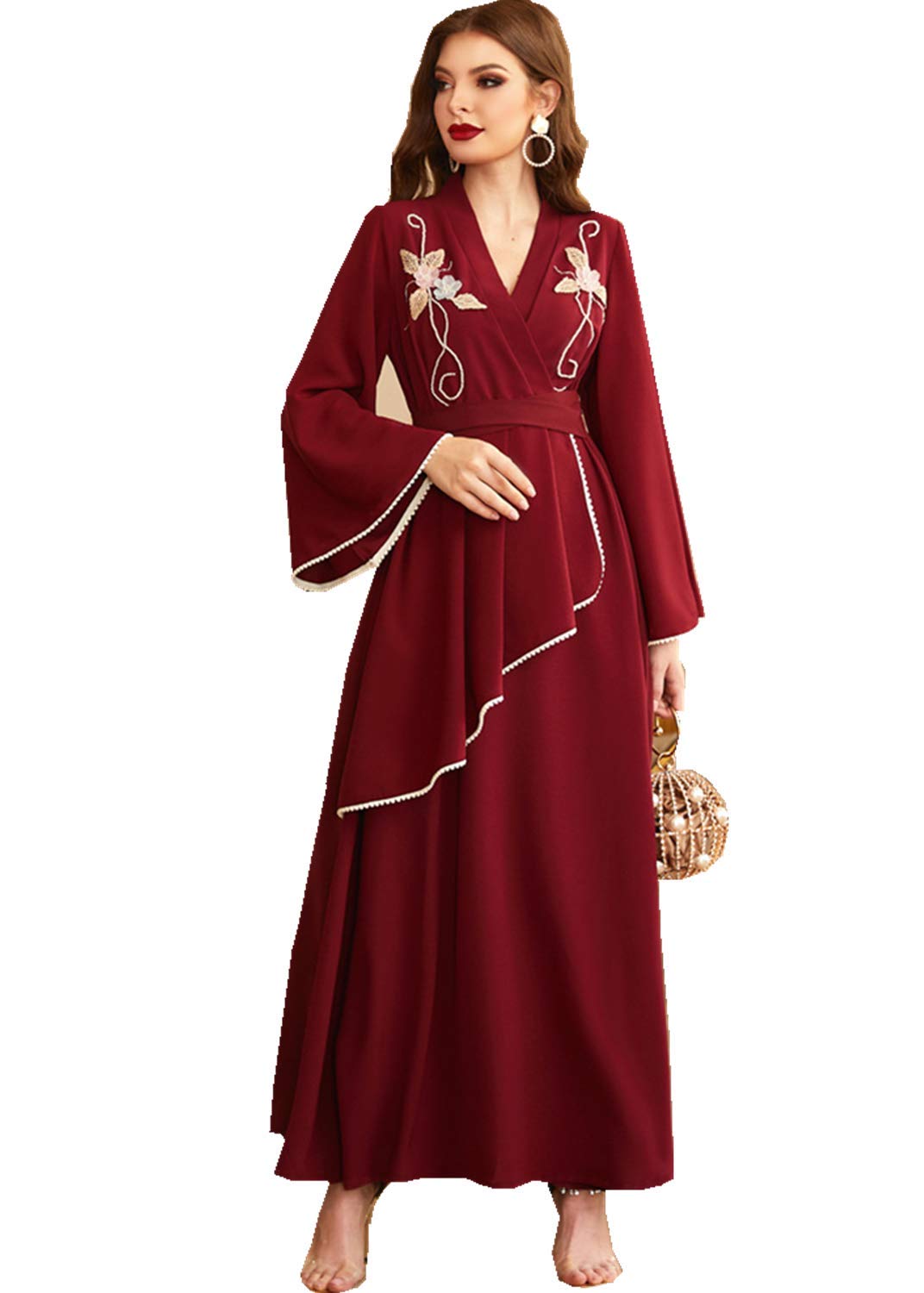 HZUX Muslim Dresses for Women Long Dress Long Sleeve Women Abaya Dress Lace Islamic National Robe
