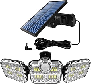 Luzes de segurança solares ao ar livre, luzes solares ao ar livre, 3 cabeças, 122 luzes LED com sensor de movimento solar, 3 modos de holofote solar IP65 à prova d'água alimentado por energia solar para garagem de jardim