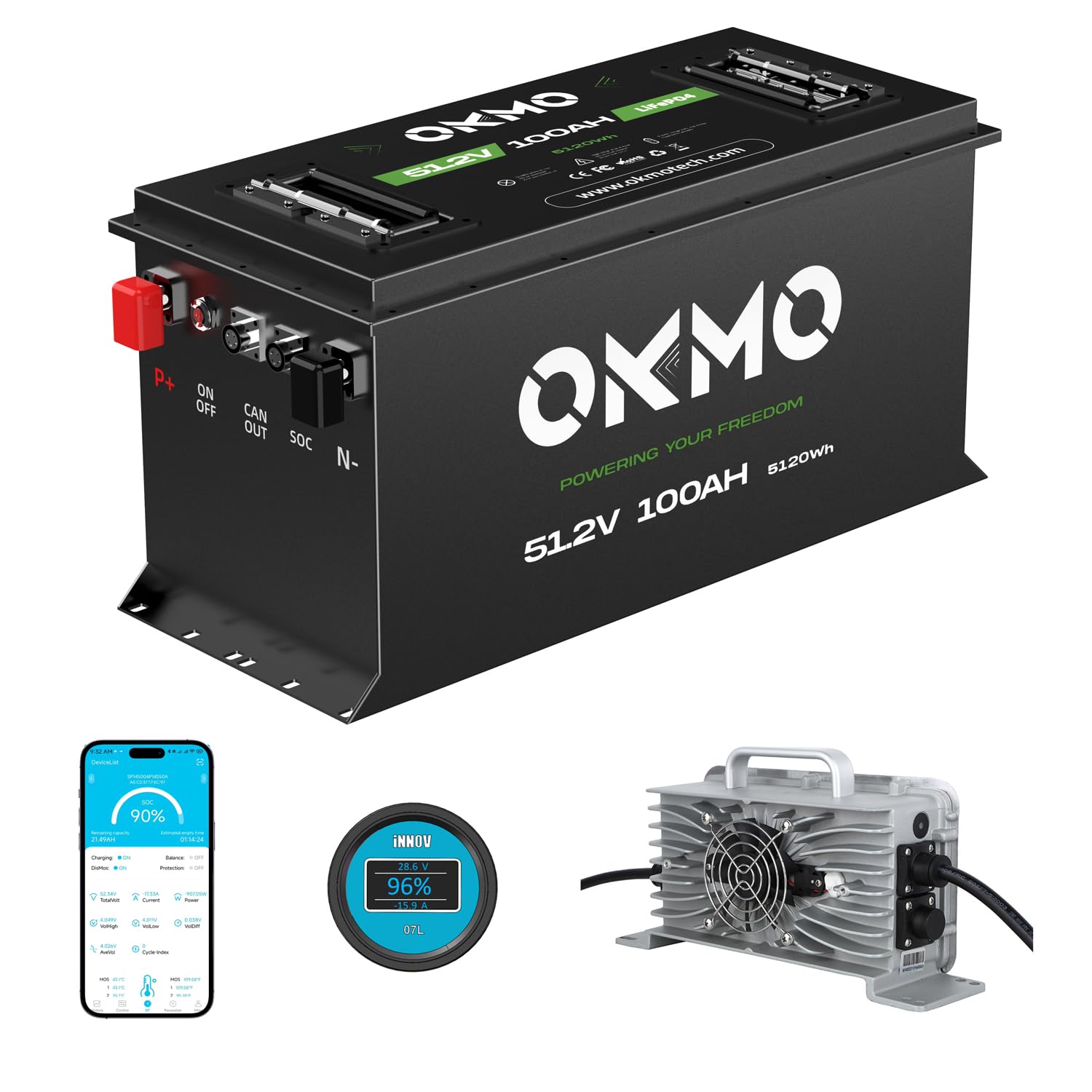 OKMO 48V 100Ah Lithium Golf Cart Battery Built-in Smart 250A BMS with 58.4V 22A Battery Charger APP Supported 4000+ Cycles