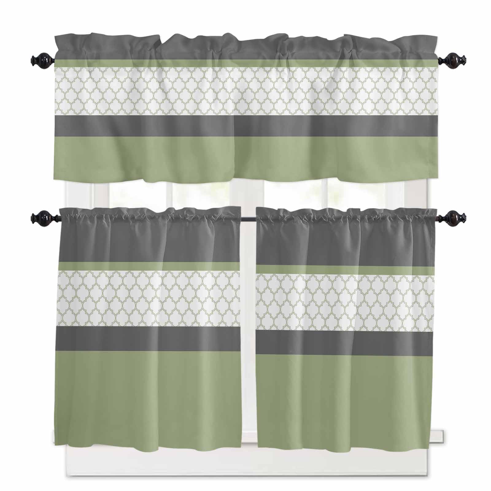 Sage Green Morocco Kitchen Curtains 36 Inch Length,3 Piece Rod Pocket Small Half Tiers and Valance Set,Modern Stitching Geometric Striped Grey Small Large Window Treatment Decor for Bedroom/Bathroom