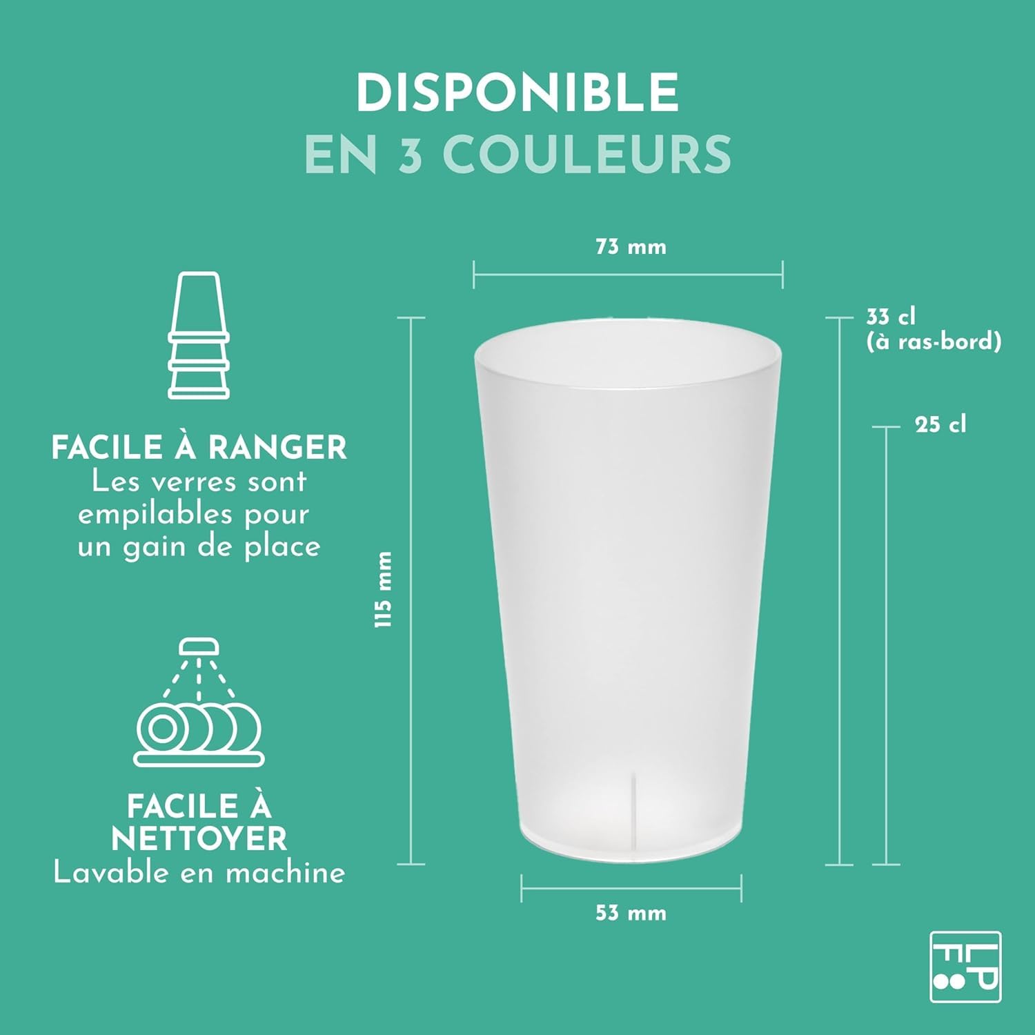 LPF LE PETIT FOURNISSEUR - Lot de 200 Gobelets réutilisables 25cl (33cl à ras-bord) - Polypropylène (PP) alimentaire rigide - Gobelets plastique durables - Compatible lave-vaisselle - Couleur Givrée