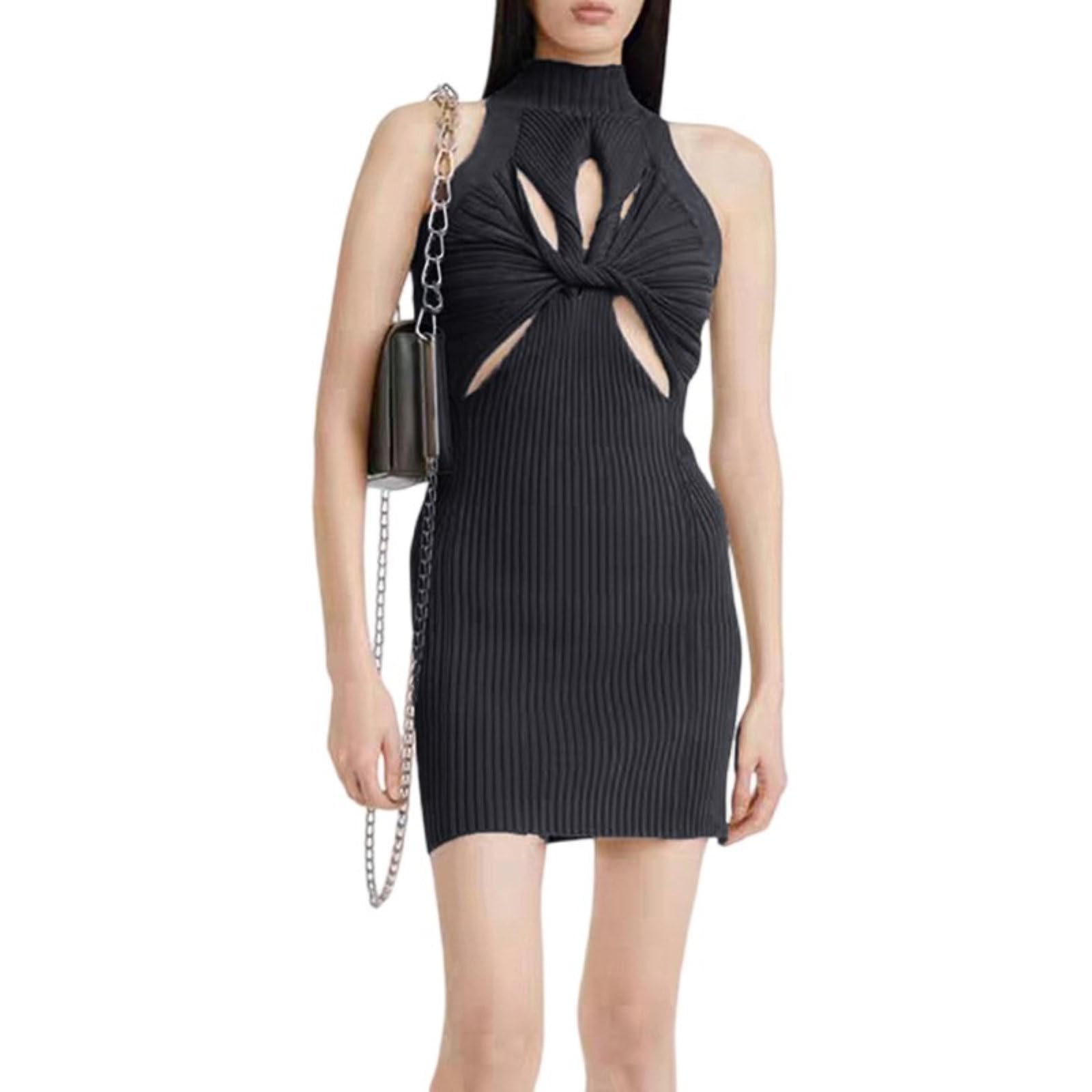 BSXDIKJU Women Sexy Hollow Out Knit Dress Sleeveless Twist Front Bodycon Short Dresses Summer Tank Dress