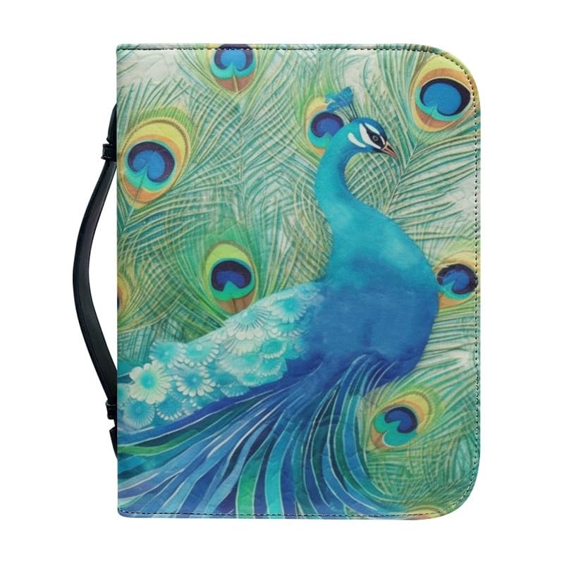 Kuiaobaty Peacock Print PU Leather Book Case with Handle, Vivid Bird Peacock Notebook Case Zipper Book Bag with Inside Pen Phone Pocket — image 1