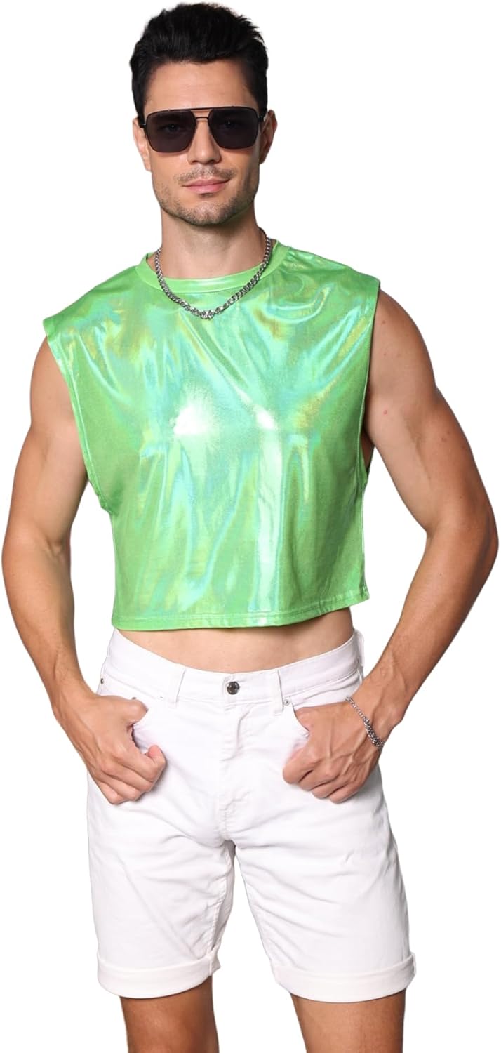 WDIRARA Men's Glitter Sleeveless Round Neck Crop Tank Top T Shirt Party Club Top