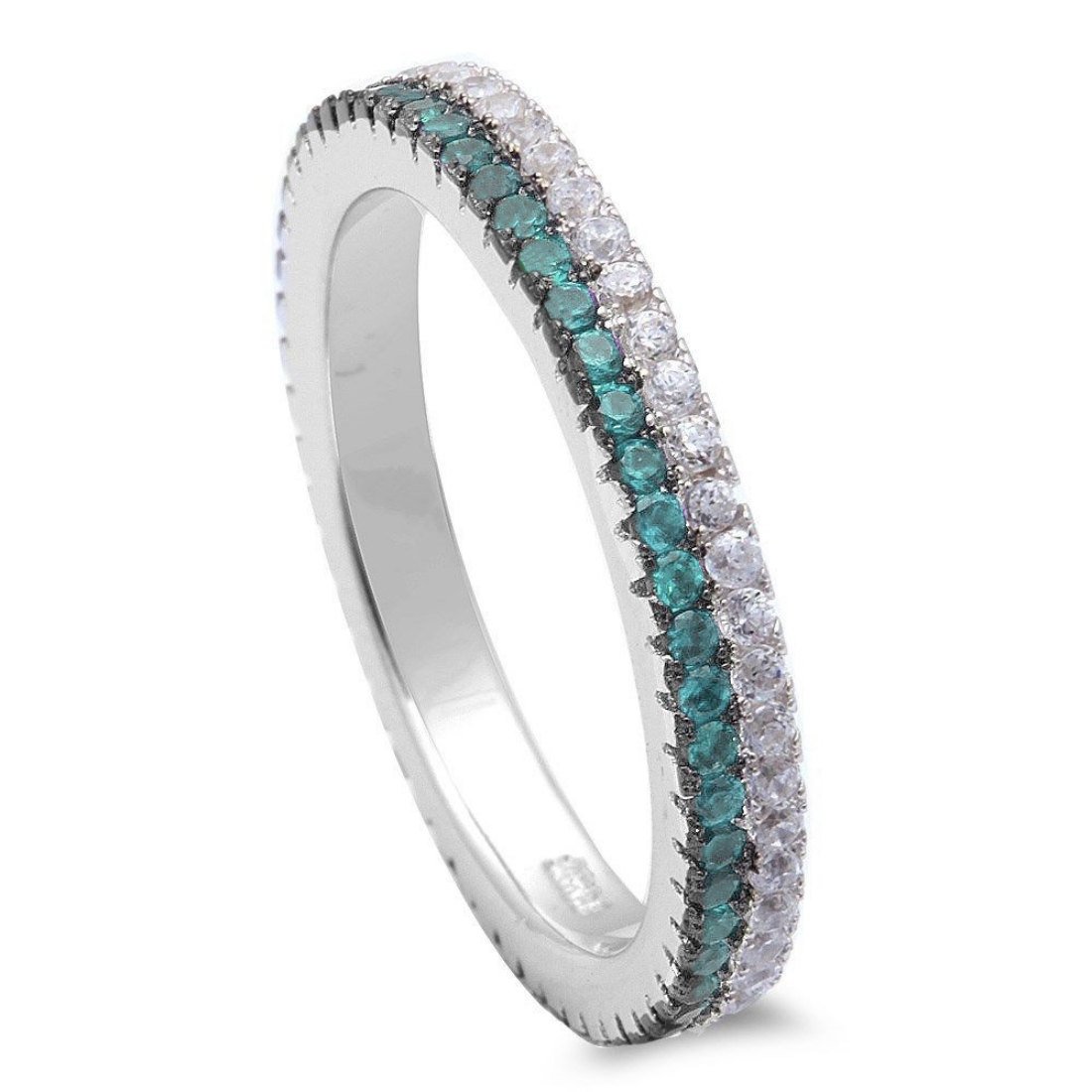 Blue Apple Co.3mm Full Stackable Eternity Band Ring Round Simulated Aquamarine Cubic Zirconia 925 Sterling Silver