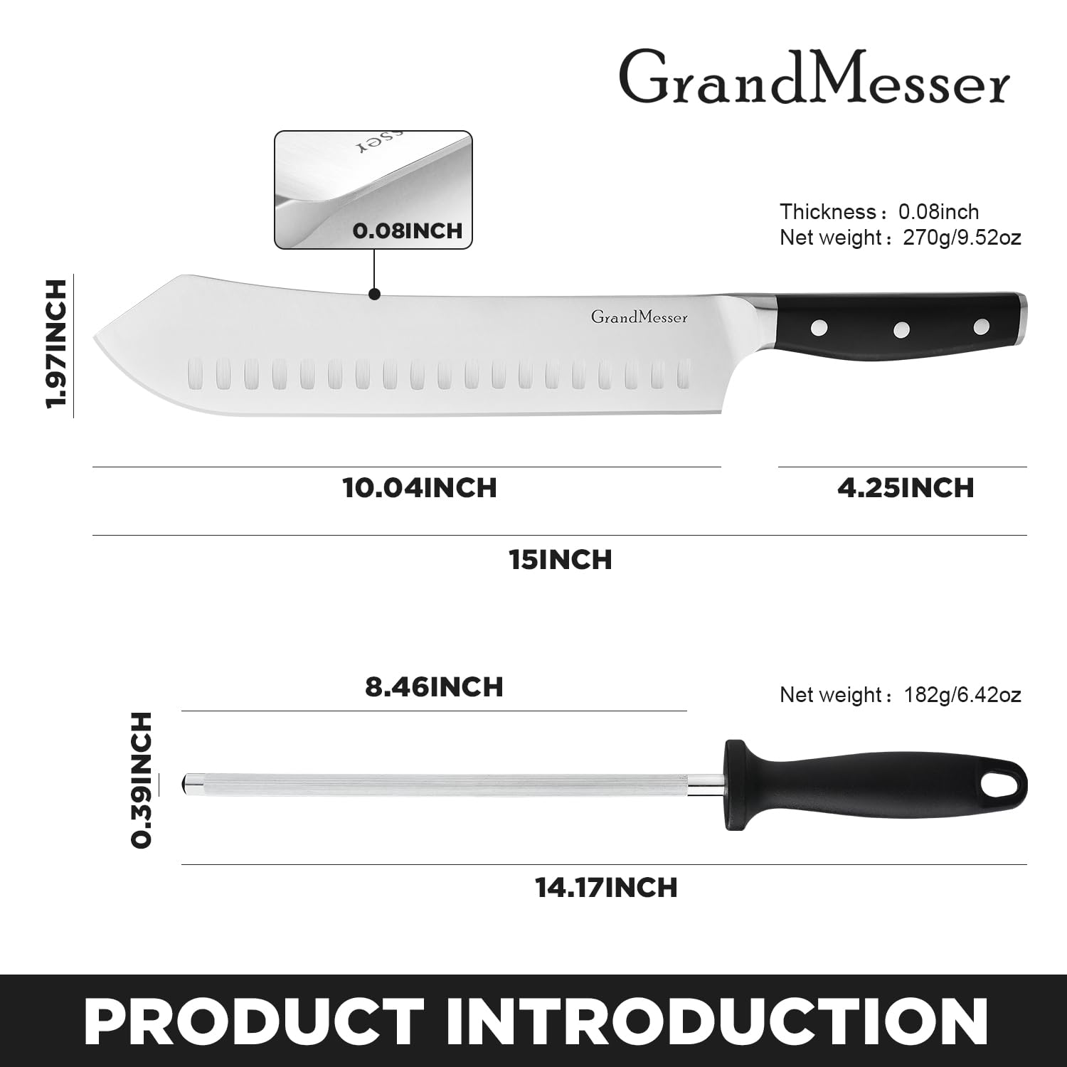 Butcher Knife, 10″ Bullnose Carving Knife & 9″ Sharpening Rod — Amazon image 3