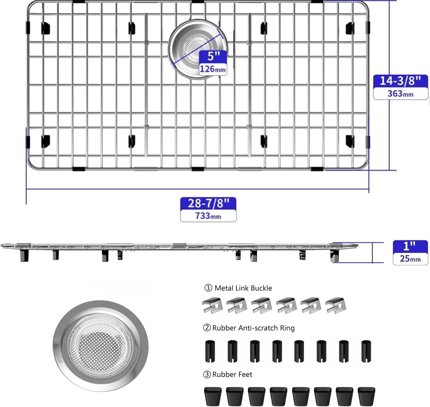 Slideep Sink Protectors for Kitchen Sink, Sink Grate Grid for Bottom of Sink, Metal Sink Rack, Bottom Basin Rack, Stainless Steel, 28.9"L X 14.3"W