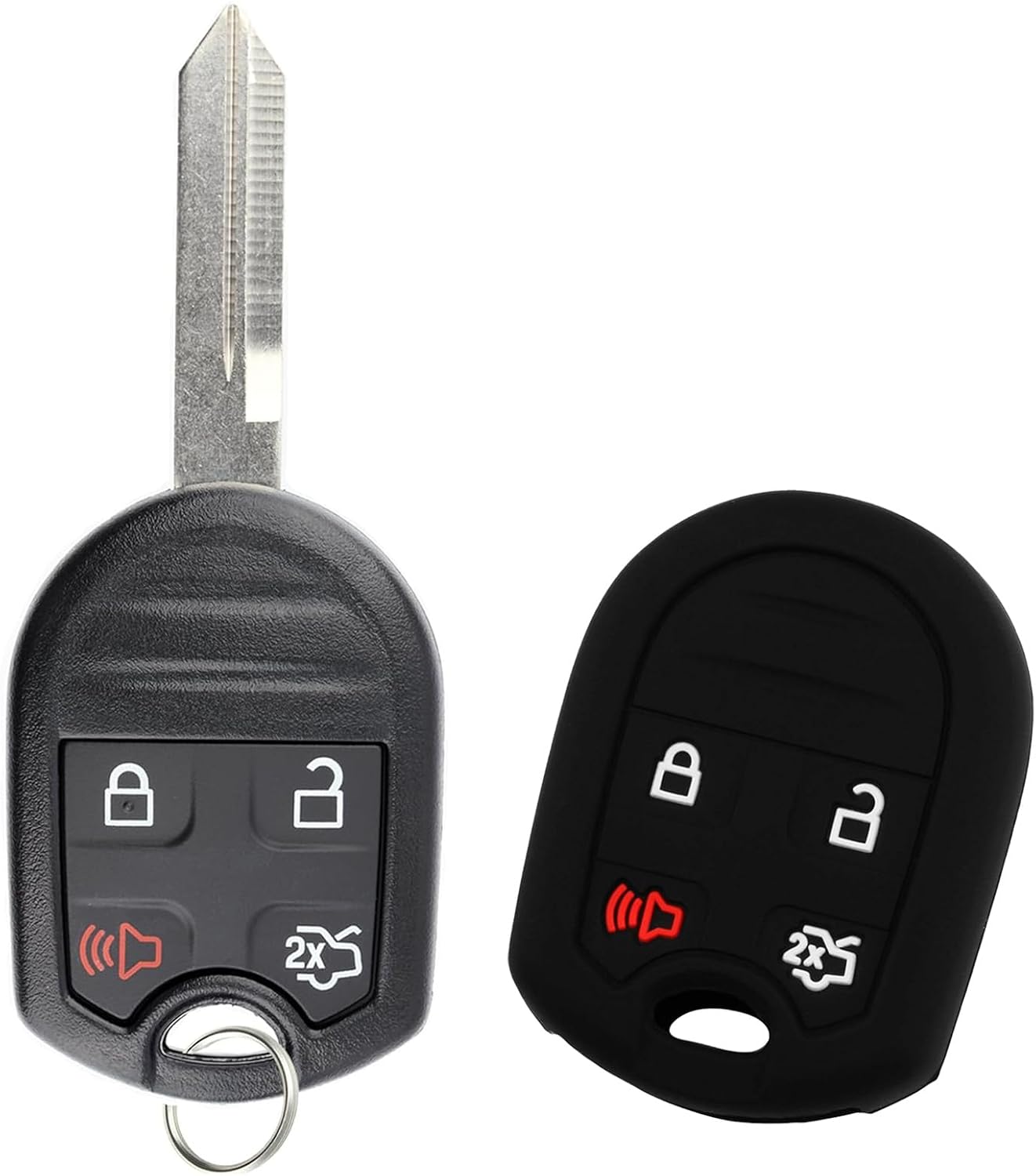 :Bundle: KeylessOption Keyless Entry Remote Car Key Fob Replacement 4-Button with Silicone Rubber Skin Shell Case Cover Protector for Ford Lincoln Mercury Mazda (CWTWB1U793)