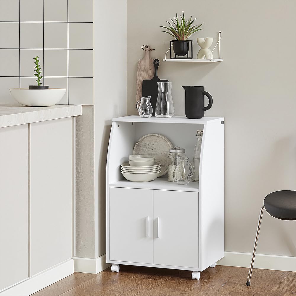 SoBuy Küchenwagen mit Arbeitsplatte Rollbarer Servierwagen mit Schublade Mikrowellenschrank auf Rollen Küchenschrank Rollwagen weiß für kleine Küchen, Büro oder Esszimmer 92x59x40cm FRG241-W