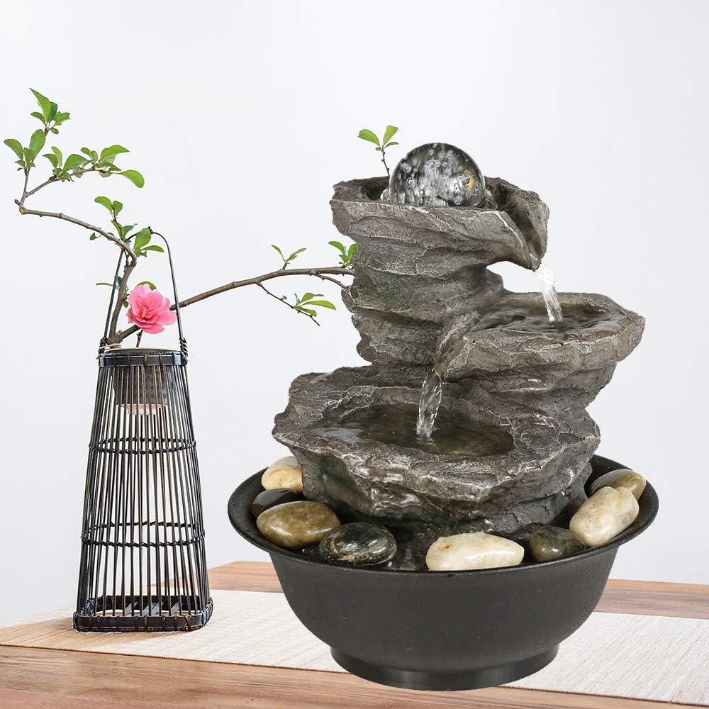 chillscreamni Cascading Resin-Rock Falls Tabletop Waterfall Fountain - 11 2/5” 4- Tier Little Relaxation Waterfall Feature with LED Lights&Ball, Indoor Oudoor Tabletop Fountain for Stress Relief Gray