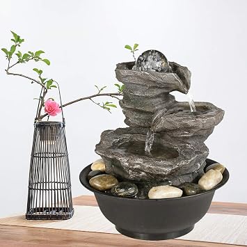 Cascading Resin-Rock Falls Tabletop Waterfall Fountain - 11 2/5 4- Tier Little Relaxation Waterfall Feature with LED Lights&Ball, Indoor Oudoor Tabletop Fountain for Stress Relief Gray