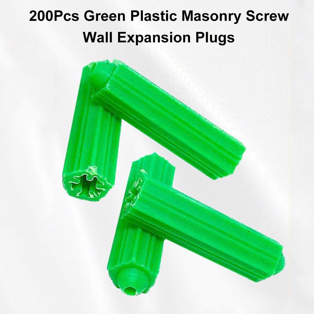 TopHomer 200Pcs M8 Green Plastic Drywall Screw Anchor Plugs, Expansion Fixings for Porous Bricks, Aerated Concrete, and Wall Materials