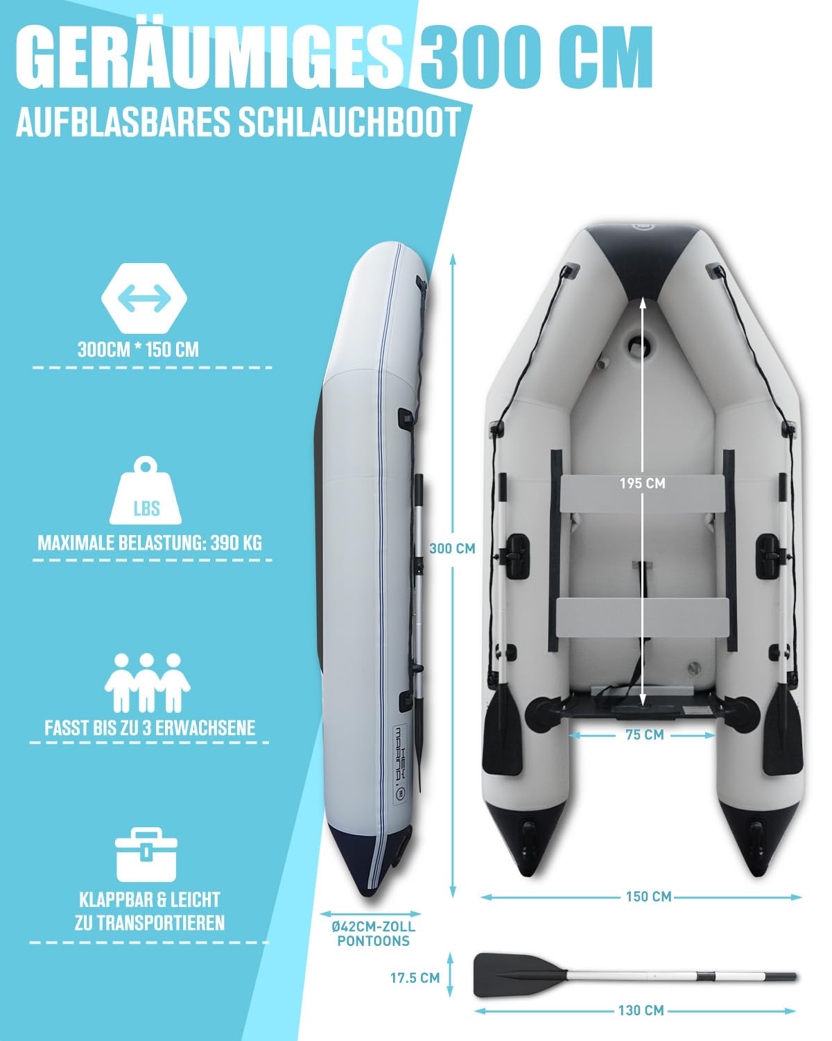 Hey Marina Schlauchboot Aufblasbares 3 m für 3–4 Personen – Wave, Motor geeignet, Freizeitboot, Paddelboot, Angelboot – Mit 2 Sitzbänken, Drop-Stitch-Boden, Paddel, Pumpe, Reparaturset & Tasche