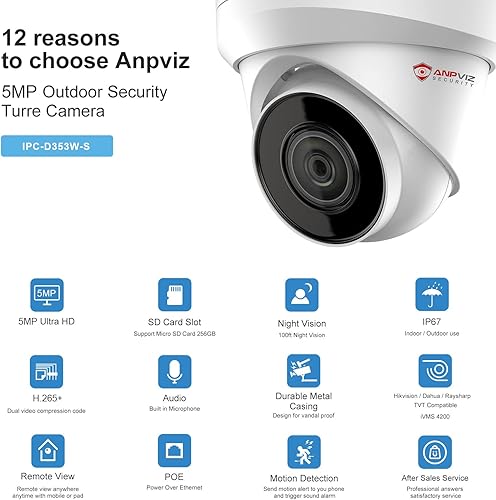 Miniatura 2 de Anpviz Cámara PoE de seguridad IP de 5 MP con micrófonoaudio, cámara de torreta de 5.3 MP (3072 * 1728), visión nocturna de 98 pies, lente de