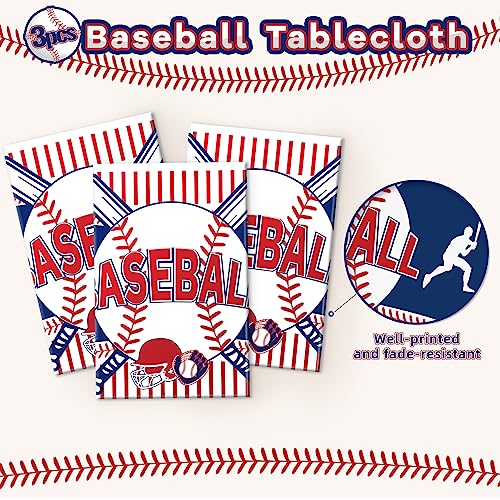 Image of Miucat 3pcs Baseball Tablecloth - Table Cover & Party Decorations - Disposable Plastic Tablecloth - Rectangle for Baseball Games & Sports Birthday Decorations