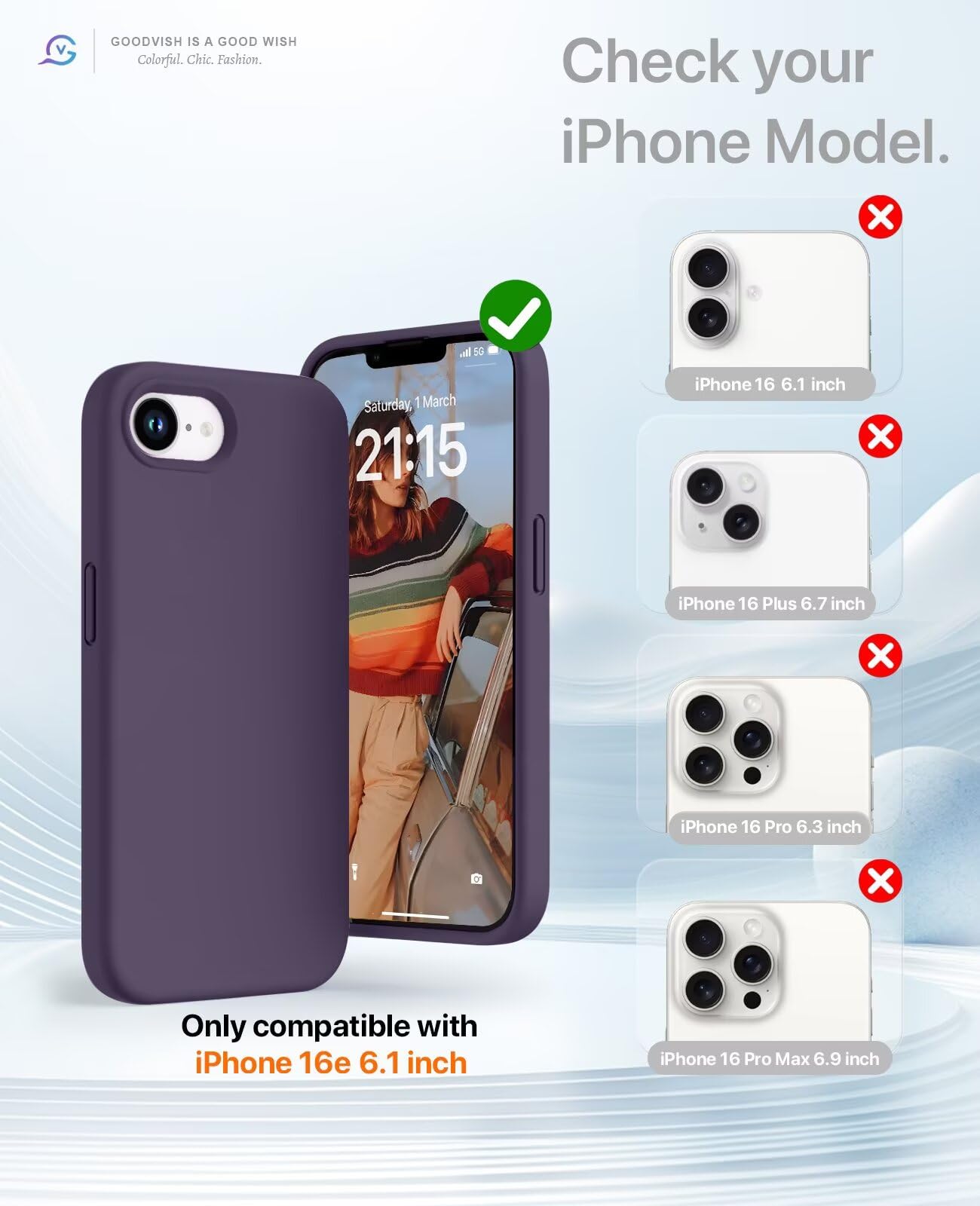 GOODVISH 3 in 1 Silicone Cover per iPhone 16e 6.1", Custodia con 2 Pellicola Vetro Temperato [Protezione Fotocamera] Protezione Anticaduta Case per Cellulare Antiurto Resistente, Viola Scuro