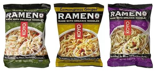 Koyo Vegan Organic fideos Ramen 3 sabores 9 bolsas paquete variado 3 ajo pimienta 3 jengibre de citronela y 3 seta 2-21 oz Ea 9 Tot