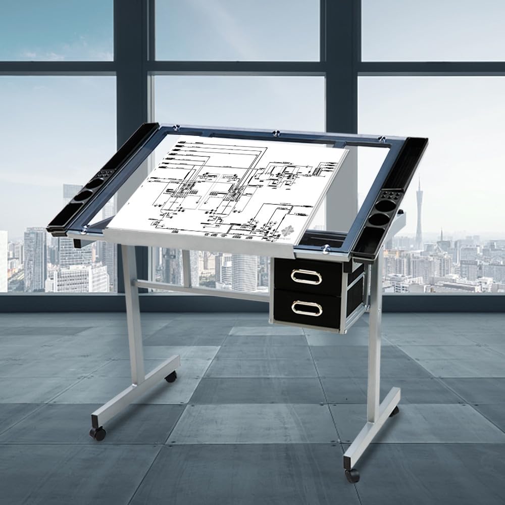 Tavolo da Disegno in Vetro Temperato e Acciaio con Angolo e Altezza Regolabili Scrivania da Lavoro Artistica con Cassetto per Architettura