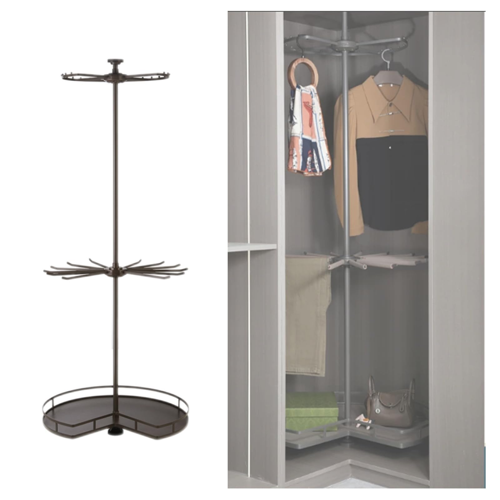 Portable Rotating Clothes Hanger,360° Rotating Round Closet Rod,Cloakroom Corner Storage Organizer,60kg Load Capacity for Bedroom Living Rooms(Color1,2050-2300mm)