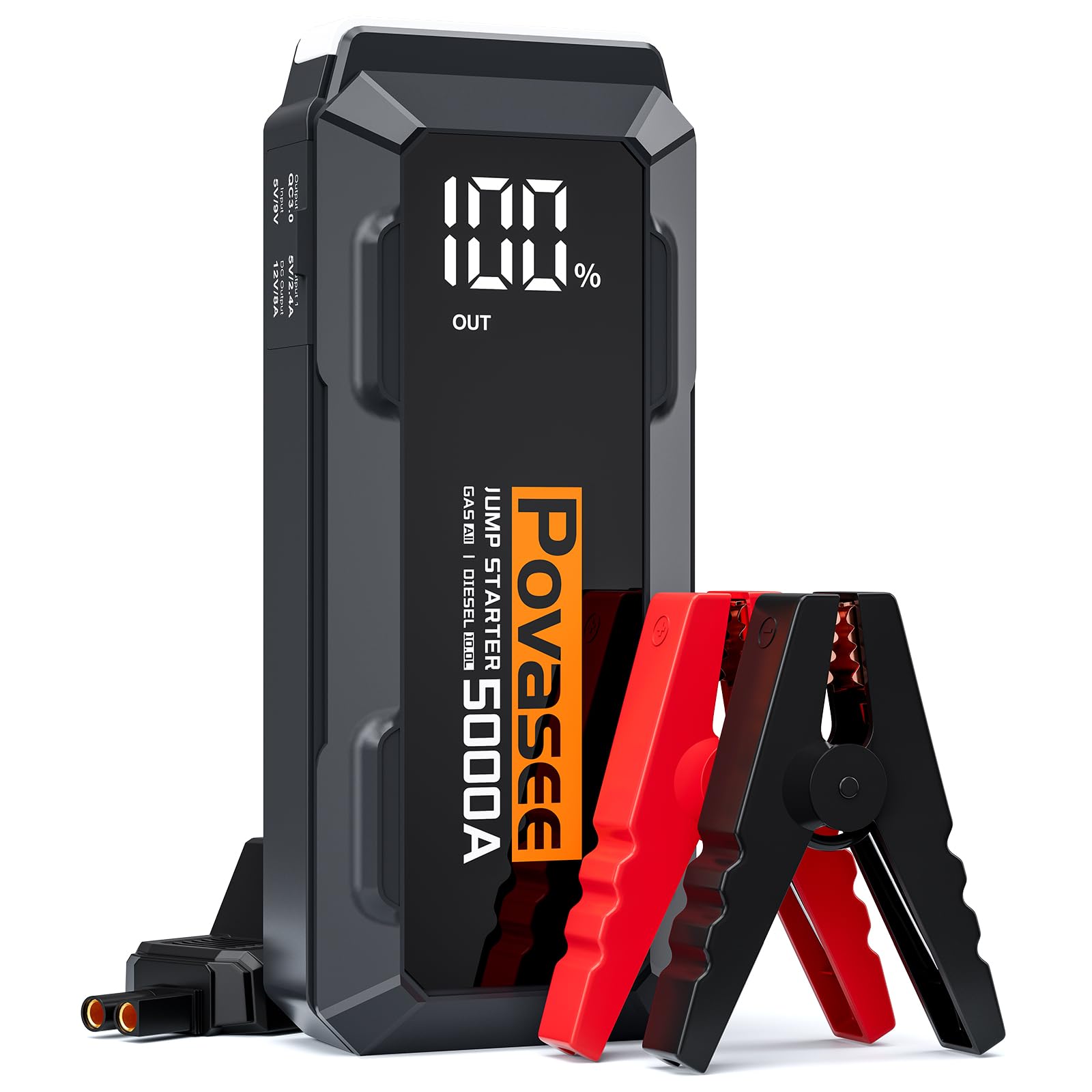 Povasee A40 Starthilfe Powerbank, 5000A Spitzenstrom Auto Starthilfe Powerbank mit LCD Display, Jump Starter mit USB Schnellladung und LED Taschenlampe für 12V Auto (Bis zu Alle Benzin/10L Diesel)