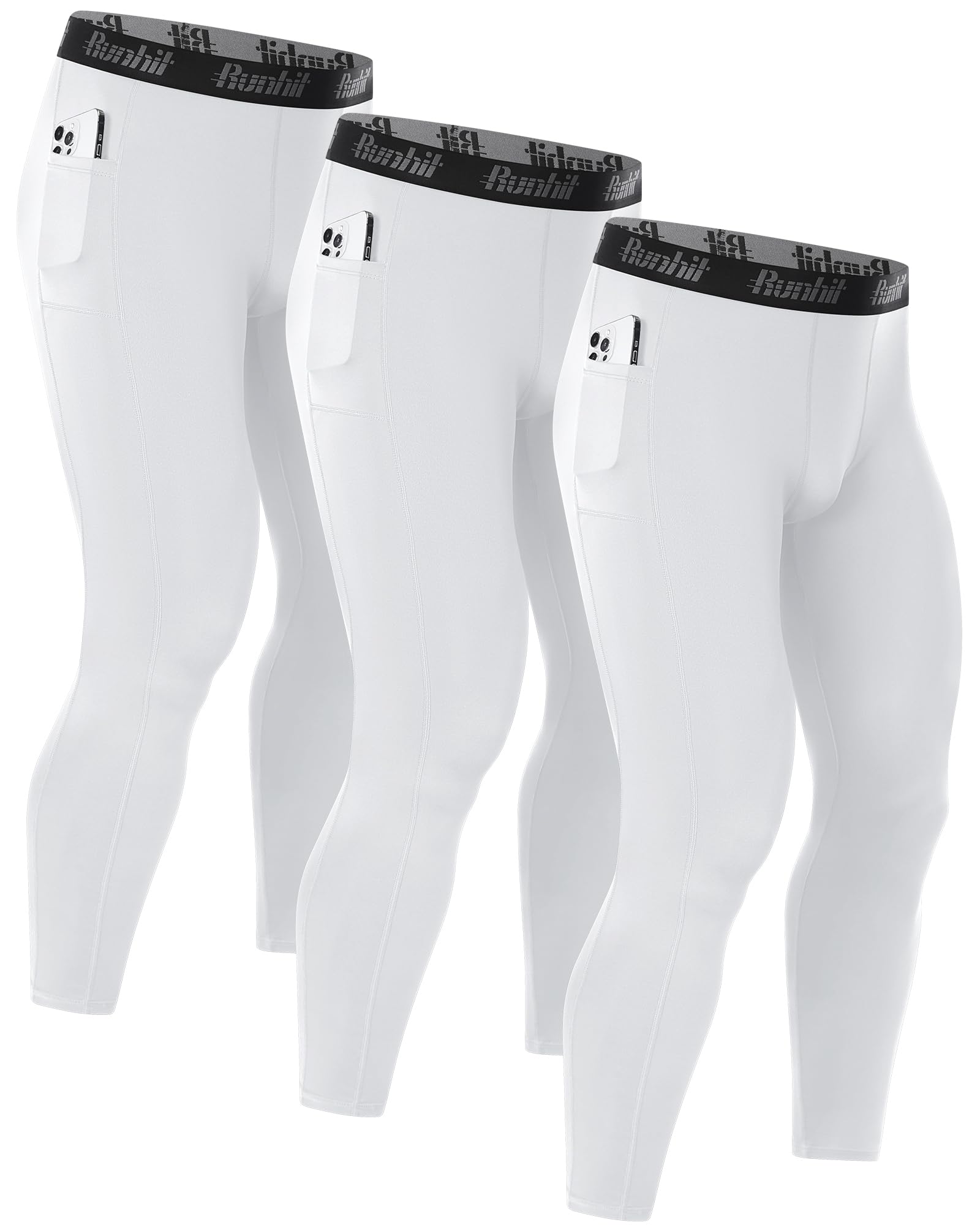 Runhit 1/3er Pack Kompressionshose Herren Lange mit Taschen, Tights Sport Leggings Schnelltrocknende Trainingshose Sporthose Laufhose Atmungsaktiv Funktionsunterhose für Fitness Joggen Training Gym