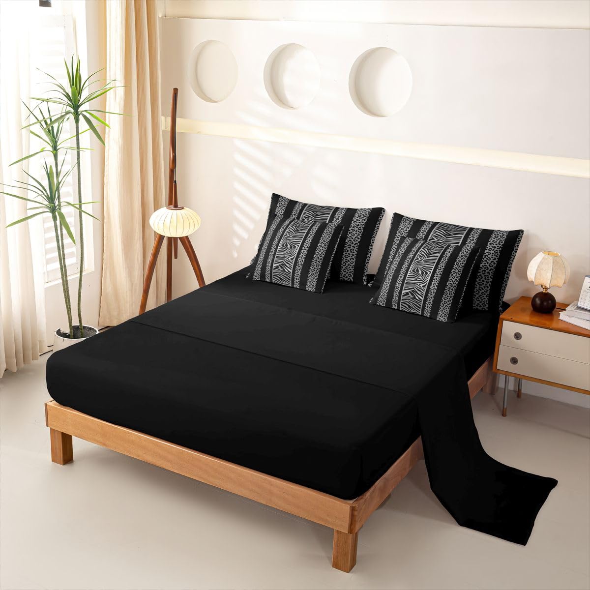 Loussiesd Juego de funda de edredón tamaño Super King con estampado de leopardo y cebra, juego de ropa de cama de 7 piezas para niños y niñas, estampado de guepardo, color negro y gris, cama en una