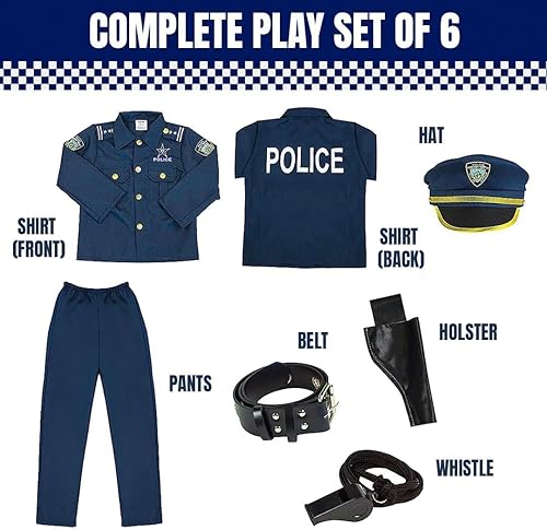 Miniatura 2 de Kangaroo Disfraz de policía para niños, sombrero de policía, camisa, pantalones, cinturón, funda y silbato, disfraz de policía para niños y niñas