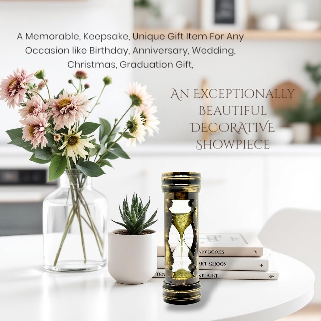 Temporizador de arena de latón con reloj de arena, acento decorativo para el hogar, inspirado en la vendimia con funda de cuero, regalo ideal para bodas y ocasiones especiales