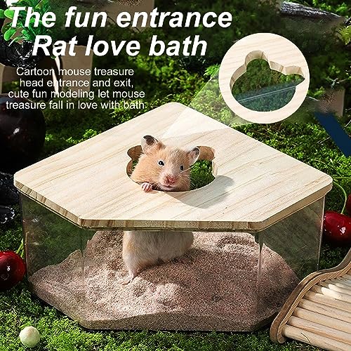 Nizirioo Transparentes Acryl-Sand-Badezimmer für Hamster Hamster Sandbadbox mit Leiter und Naturholzabdeckung und Schaufel, Haustier Hamster Badezimmer, für Hamster, Rennmäuse (Dreieck)