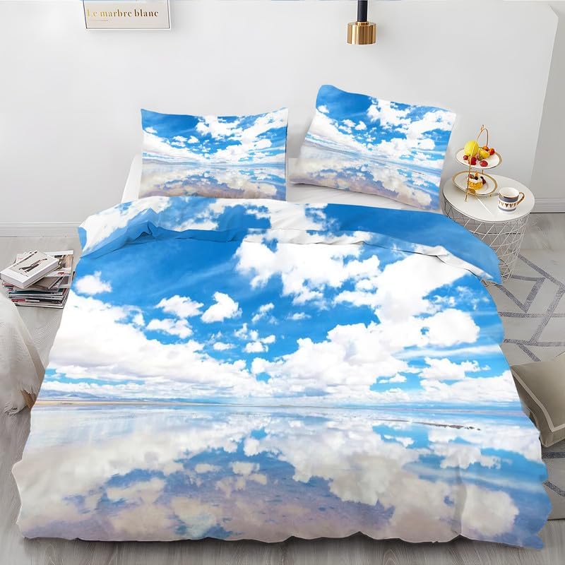 Blue Duvet Cover Queen Clouds Print Bedding Sets Queen Soft Microfiber Comforter Cover and 2 Pillow Shams 20"X26", Bed Set Duvet Covers with Zipper