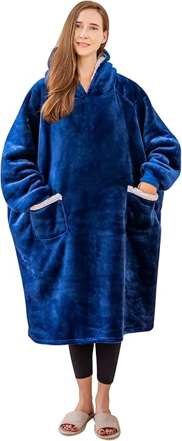 Aisbo Wearable Blanket Hoodie Oversized - Extra Warm Sherpa Fleece Hooded Blanket Thick for Adult Mens, Blue Fluffy Snuggle Blanket Hoody Sweatshirt Women Gift for her