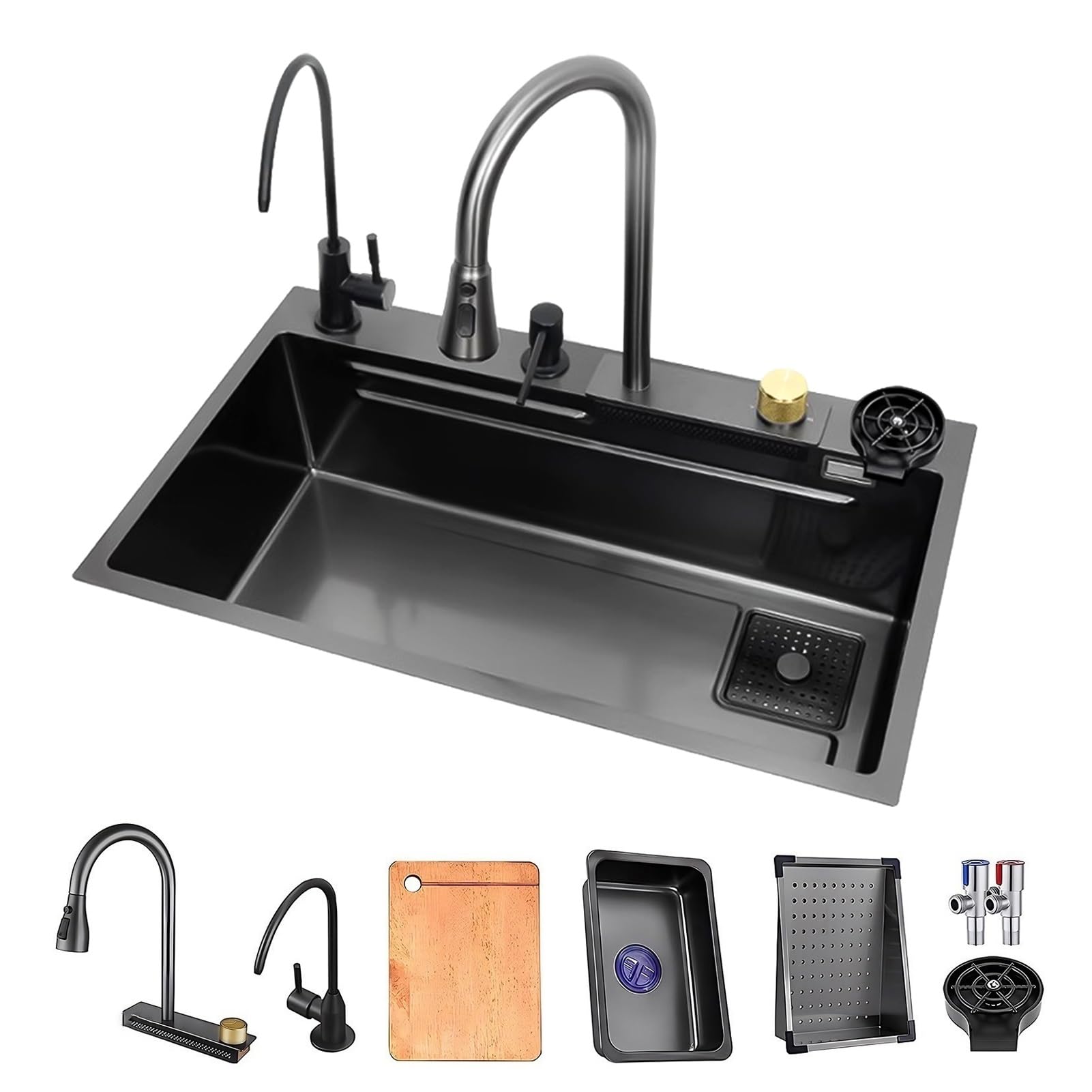 ZQFHSX 304 Stainless Steel Raindance Kitchen Sink, Large Bar Workstation Sink With Waterfall Faucet, Cup Washer, Drain Set, Single Bowl For Drop In & Undermount (Size : 80x45x21cm)